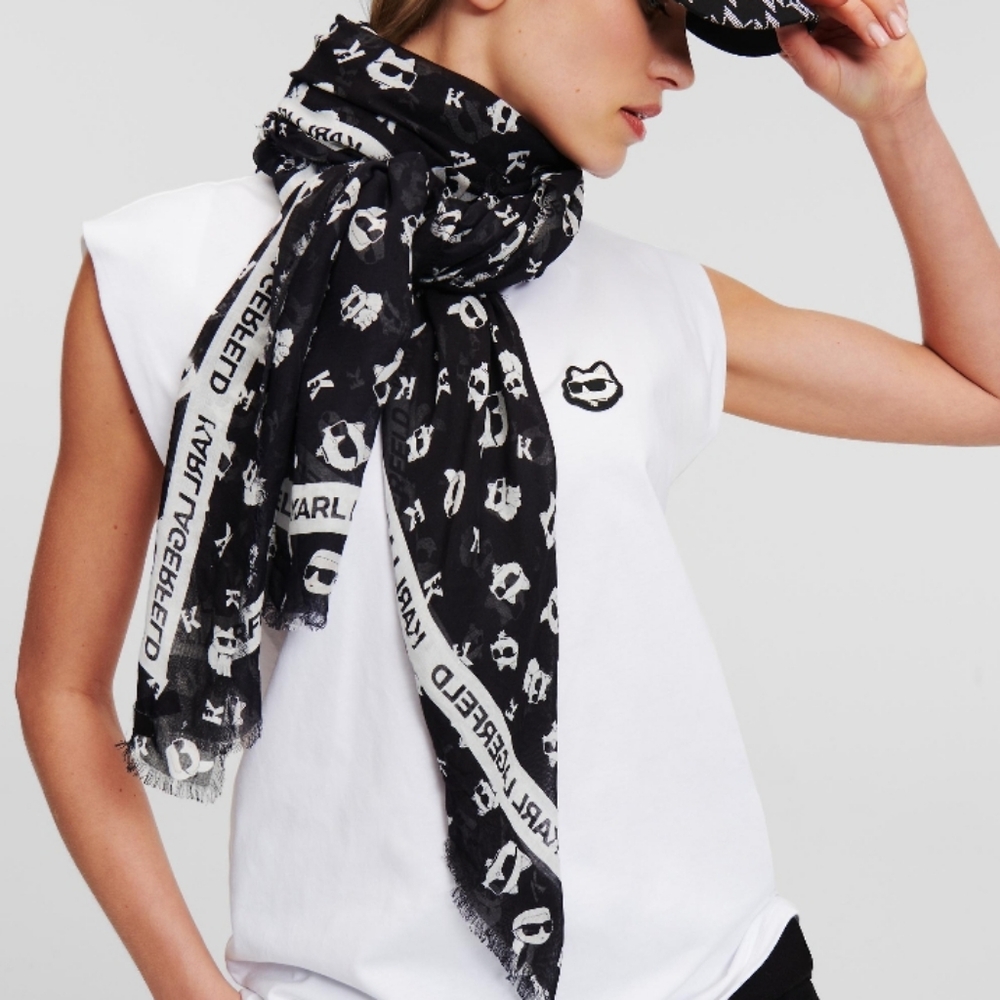 Karl Lagerfeld Paris Cat Logo Black /White Polka Dot Scarf